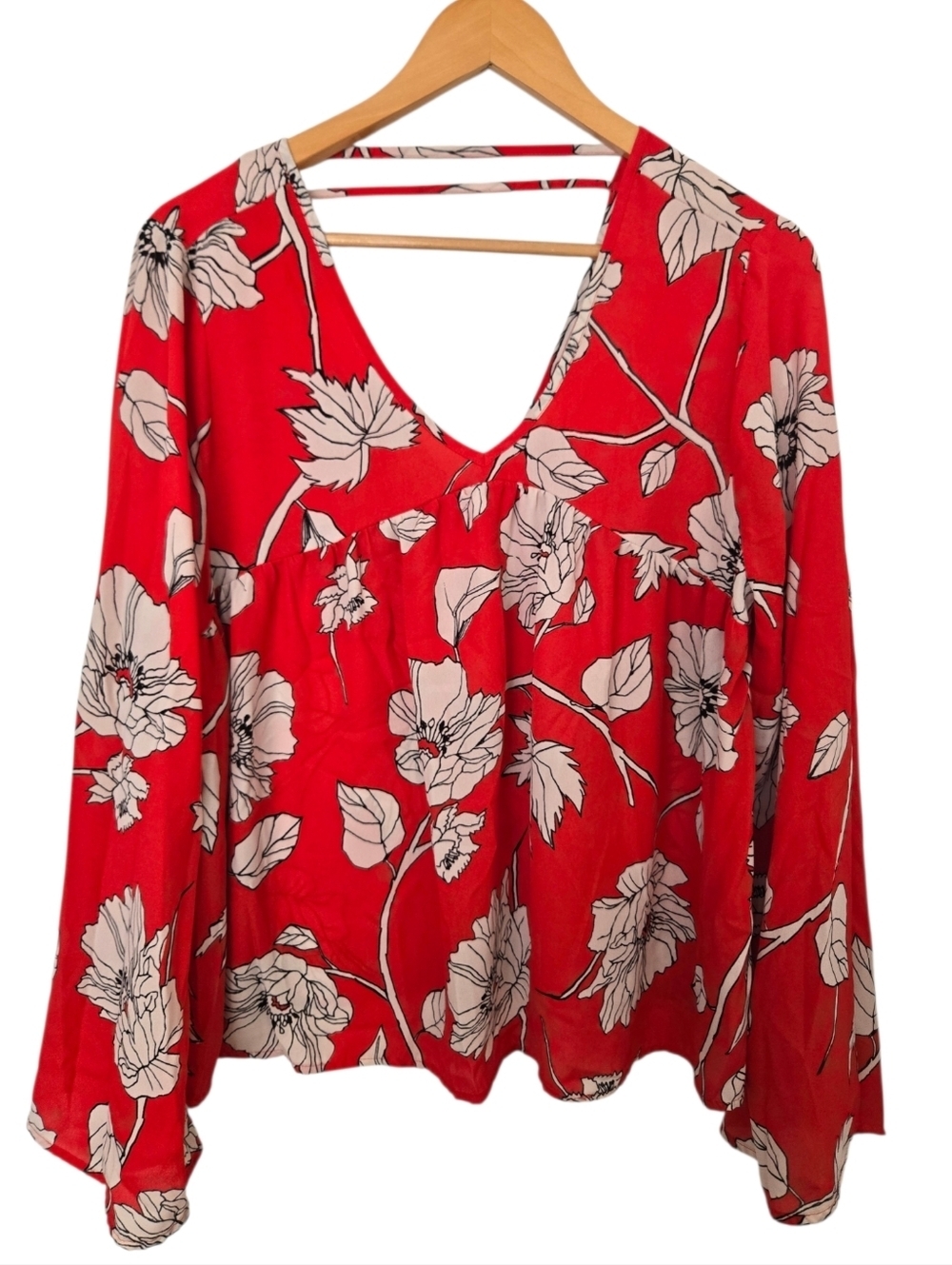 Copper Key Red Floral Boho Blouse XL Flowy Peplum Bell Sleeve Festival Top